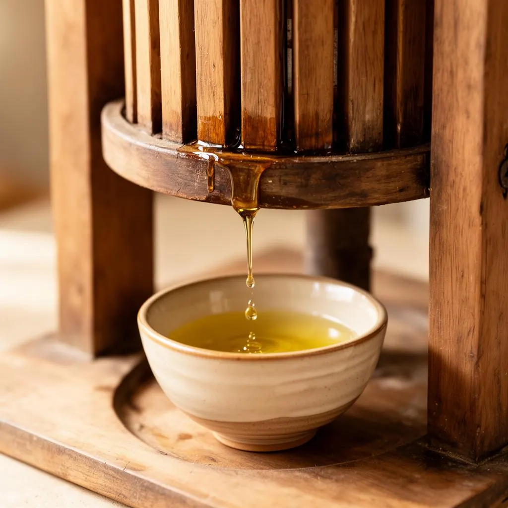 A traditional oil press with golden coconut oil drops in warm light