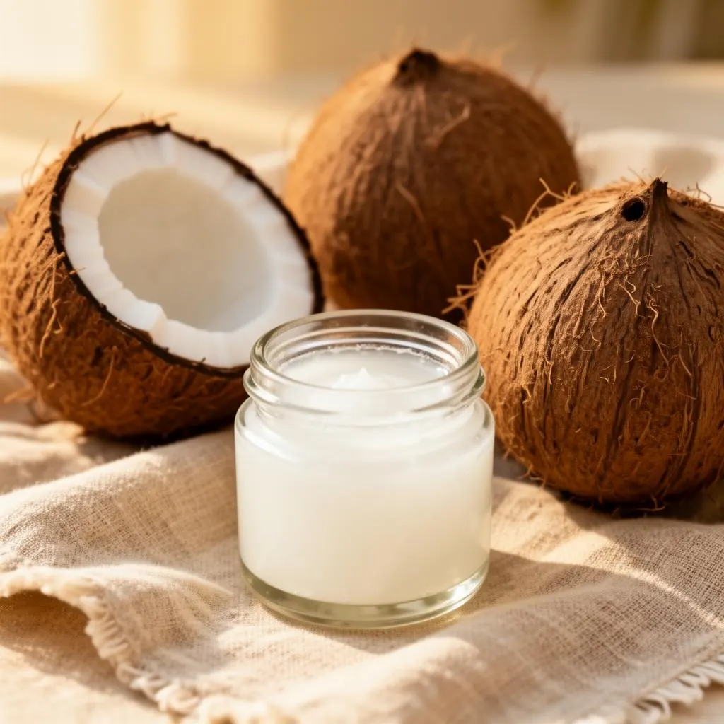 Fresh coconuts and a jar of coconut oil in soft morning light