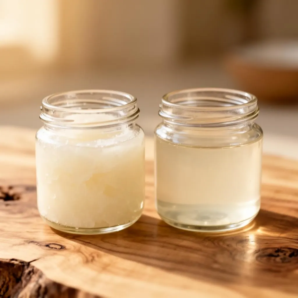 Two jars of coconut oil side by side in soft morning light