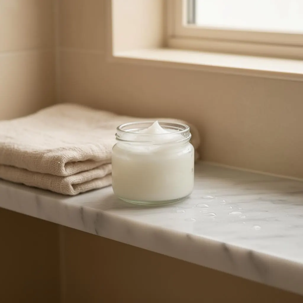 A jar of coconut oil beside a soft towel on a marble shelf
