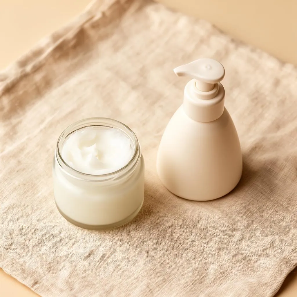 A jar of coconut oil beside a body lotion bottle in soft light