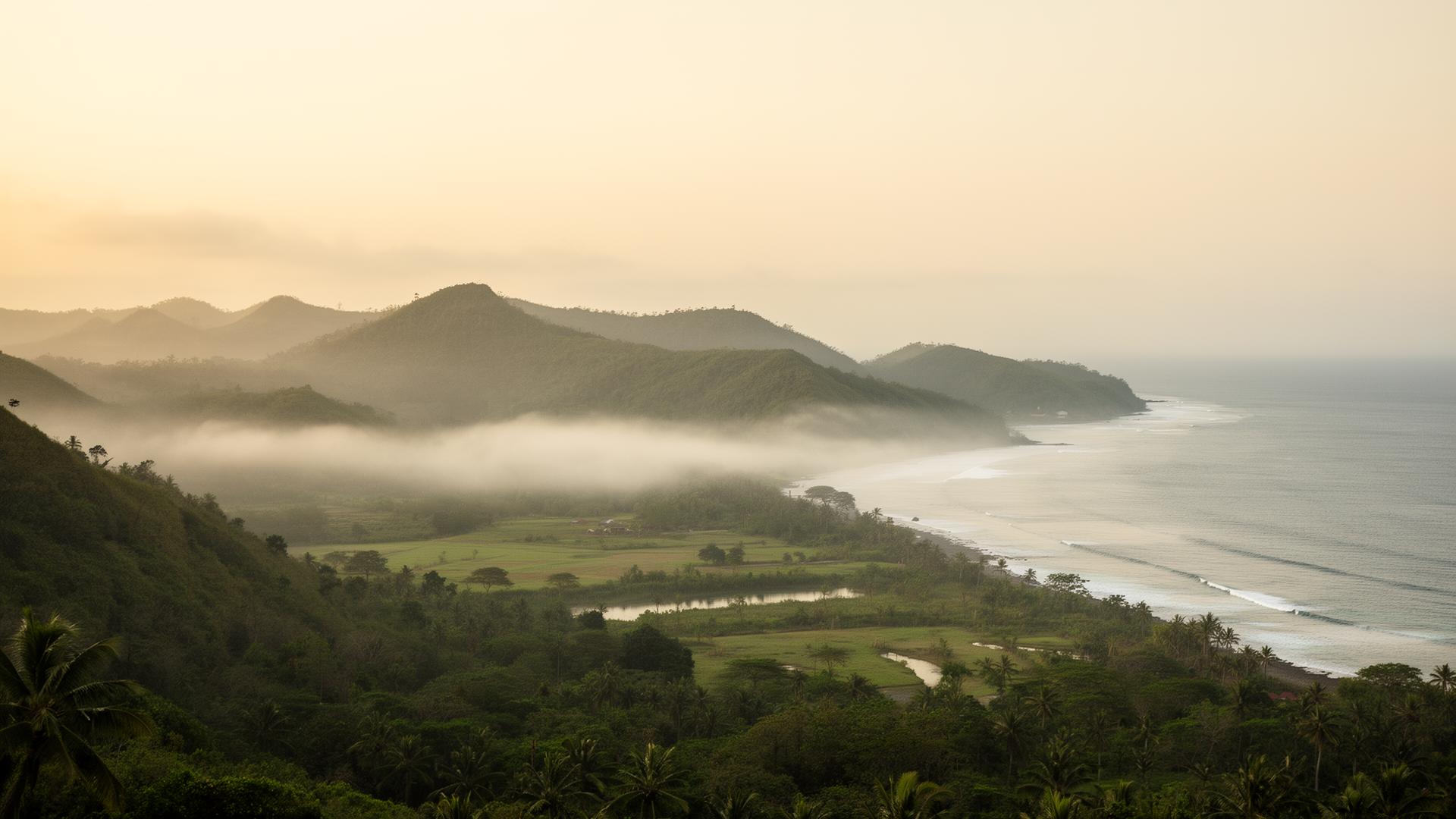 Misty hills of an Indonesian island meeting the Indian Ocean at dawn